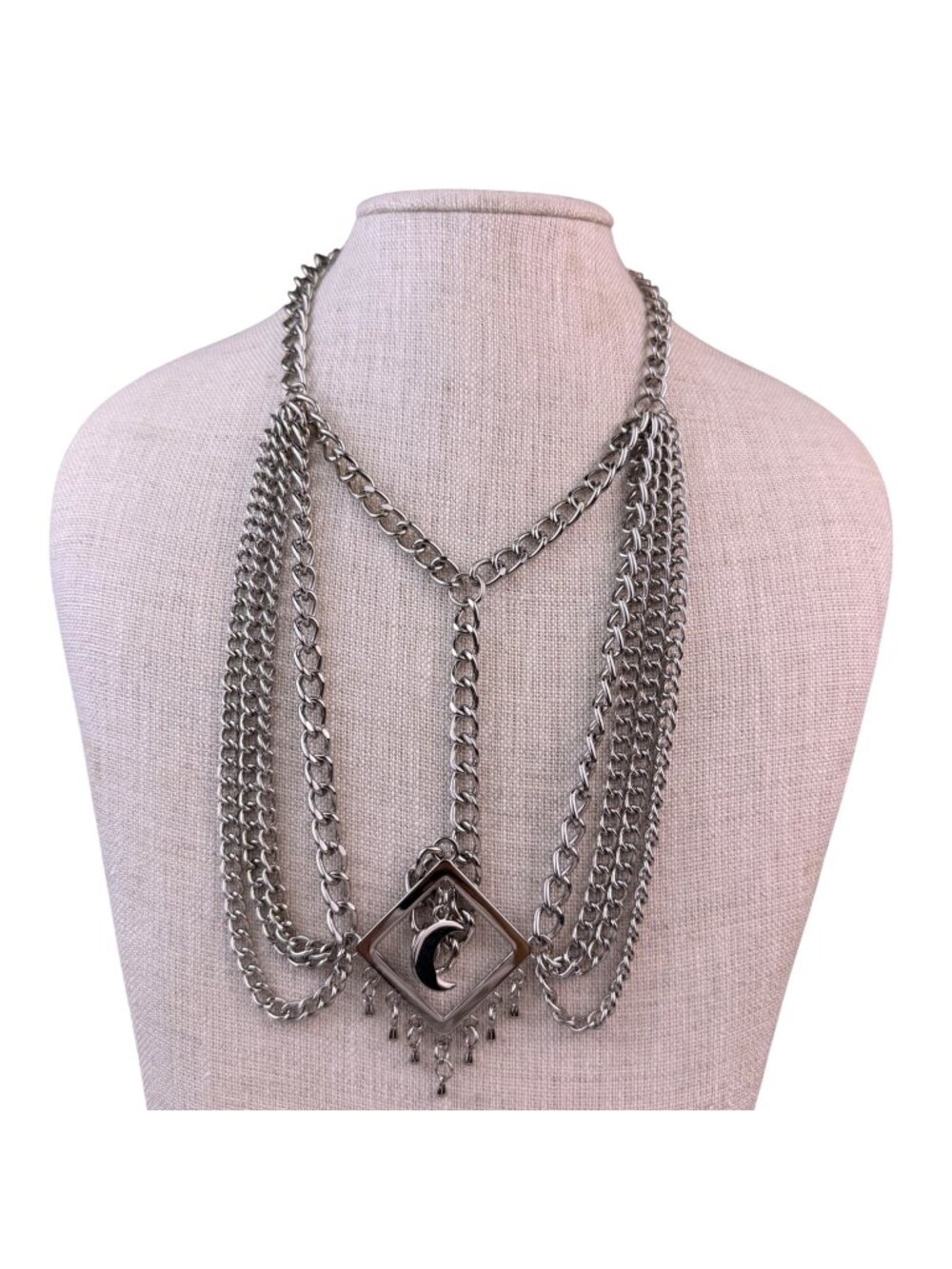 Multi-Strand Metal Chain Moon & Square Pendant Headdress Silver Tone